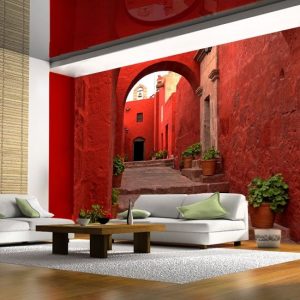 czerwona uliczka na fototapecie