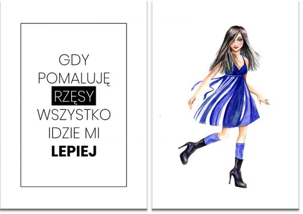 granatowa sukienka z kobietą i napisem