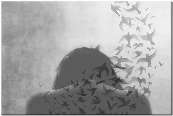 palakt z motywem ptaków i kobiety