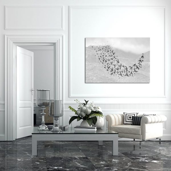 poziomy plakat z motywem ptaków i gór