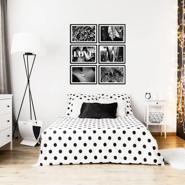 Czarno biały zestaw plakatów na ścianę do dekoracji sypialni