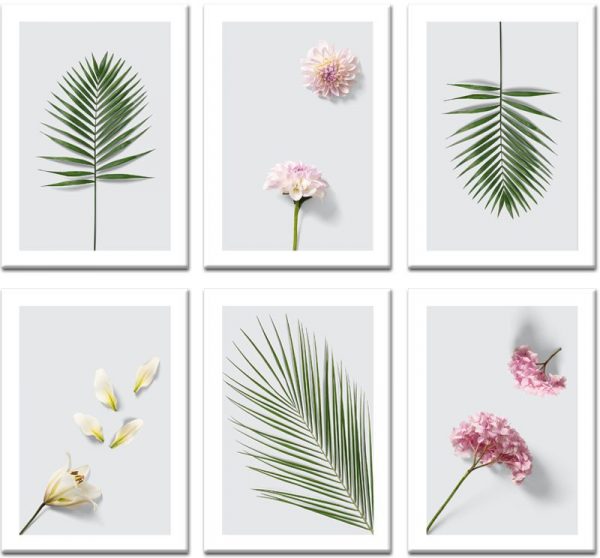 Zestaw plakatów z kwiatami i liśćmi na szarym tle