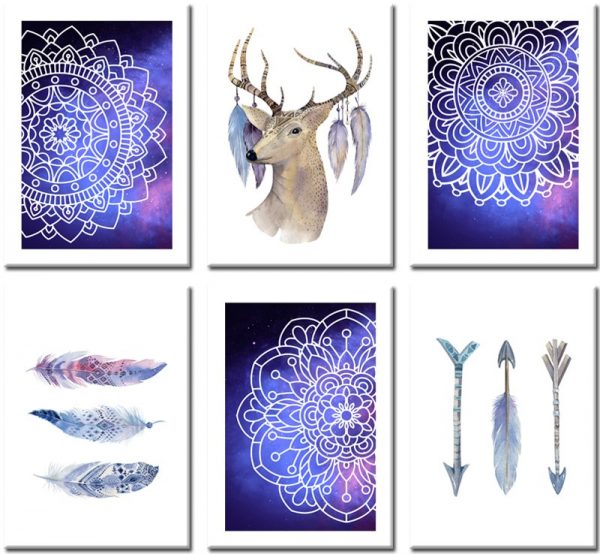 Plakaty przedstawiające orientalne wzory oraz jelenia