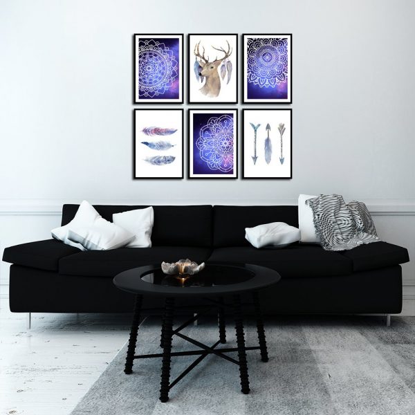 Plakaty z motywem piór i wzorów w zestawie