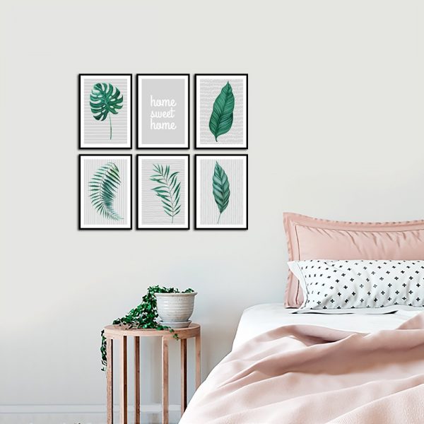 Zestaw plakatów z motywem liści do sypialni