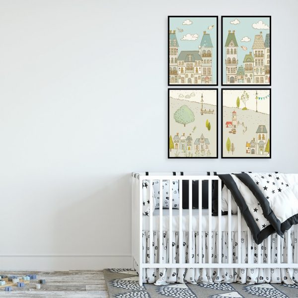 Zestaw plakatów z miasteczkiem do pokoju dziecięcego