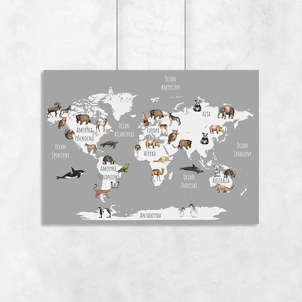 Szary plakat z świata i zwierzętami