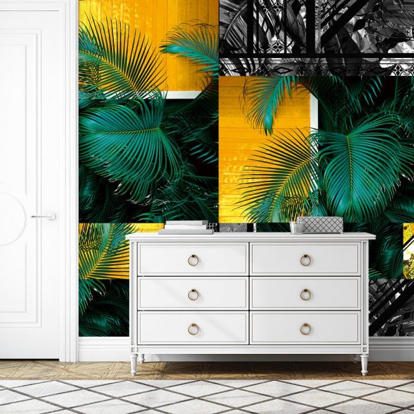 Tapeta czarno-biała z elementami żółci i zieleni