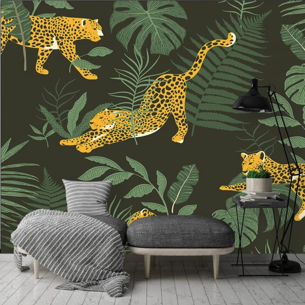 Ciemnozielona tapeta z tropikalnym motywem