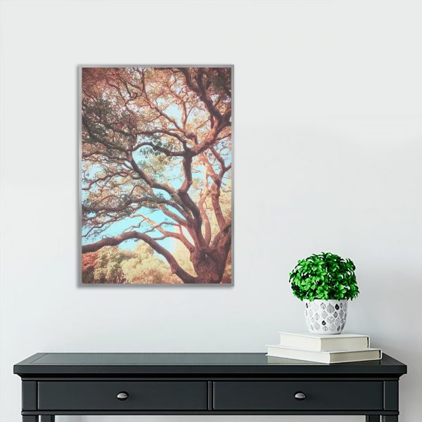 Plakat brązowe drzewo na tle turkusowego nieba