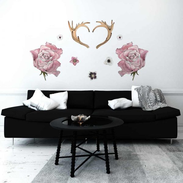 Naklejka na ścianę kwiaty i poroże