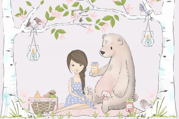 Tapeta z motywem misia i dziewczynki