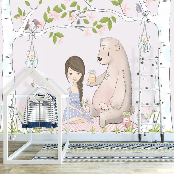 Tapeta różowa z misiem na pikniku