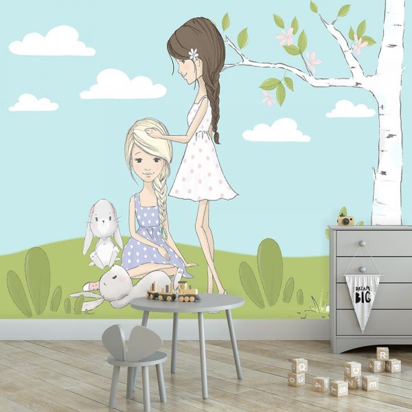 Fototapeta z króliczkami i dziewczynkami na łące