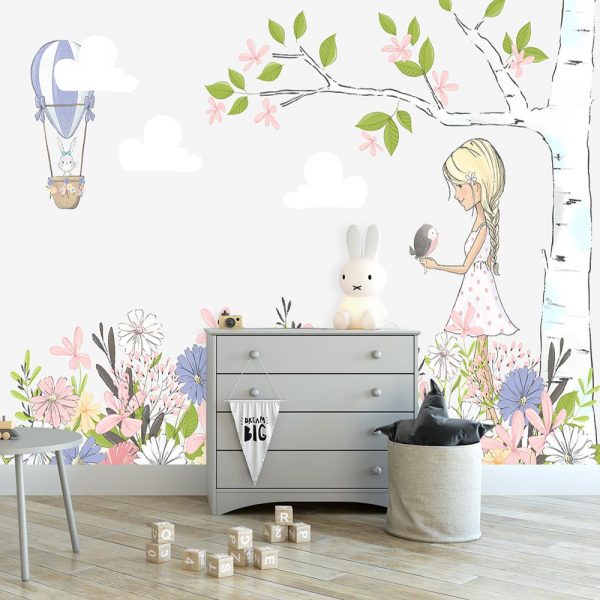 Tapeta kwietna łąka i dziewczynka