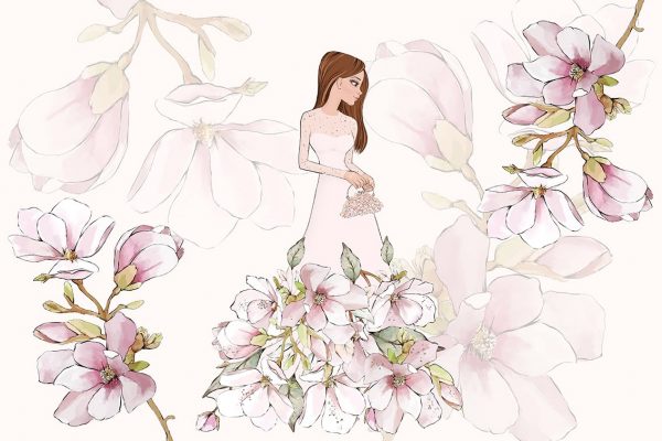 Tapeta z motywem magnolii i lalką