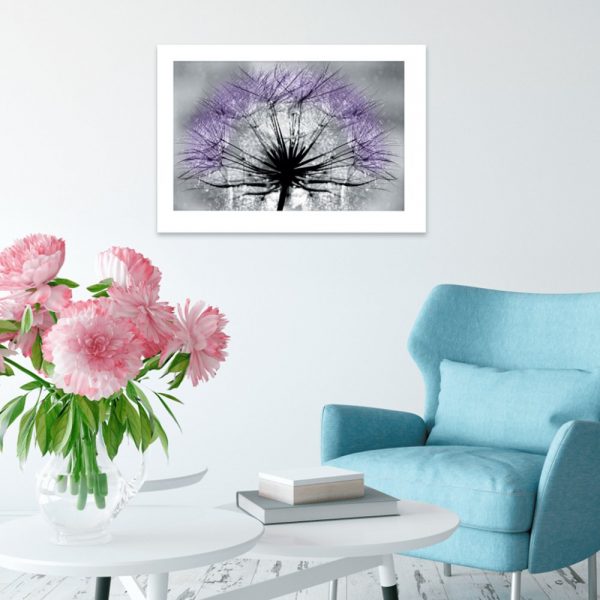plakat z fioletowym dmuchawcem na ścianę salonu