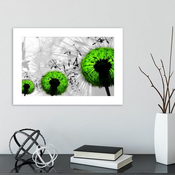 Plakat zielone dmuchawce w salonie