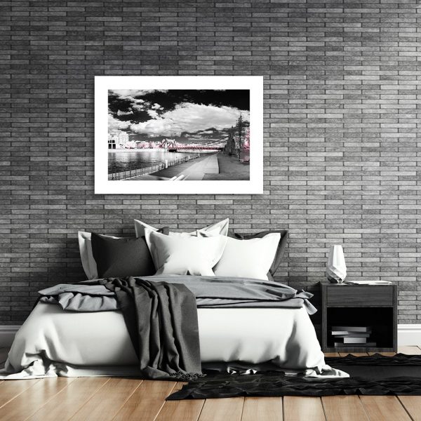 plakat z widokiem na miasto w sypialni