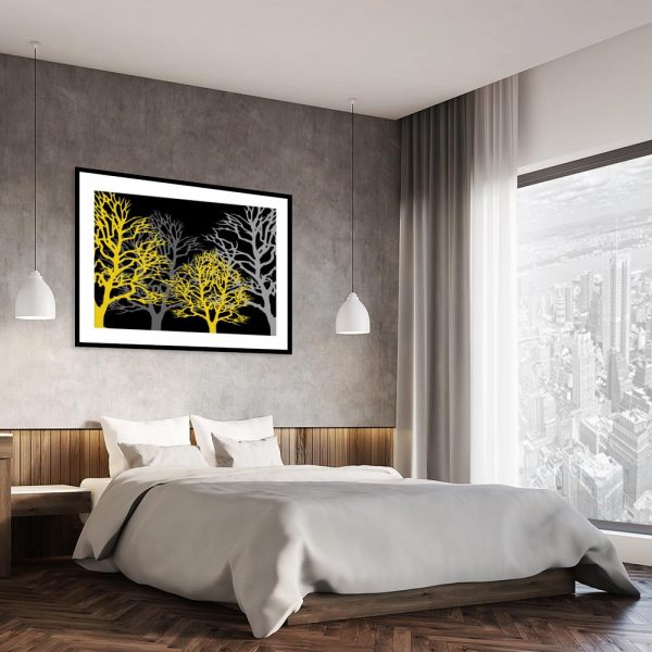 plakat z motywem drzew nad łóżko