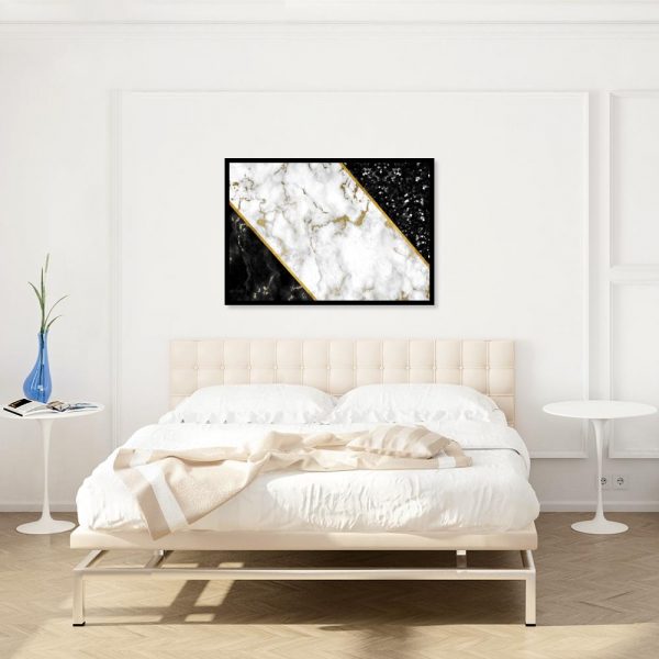 plakat z abstrakcją marmurkową na ścianie sypialni