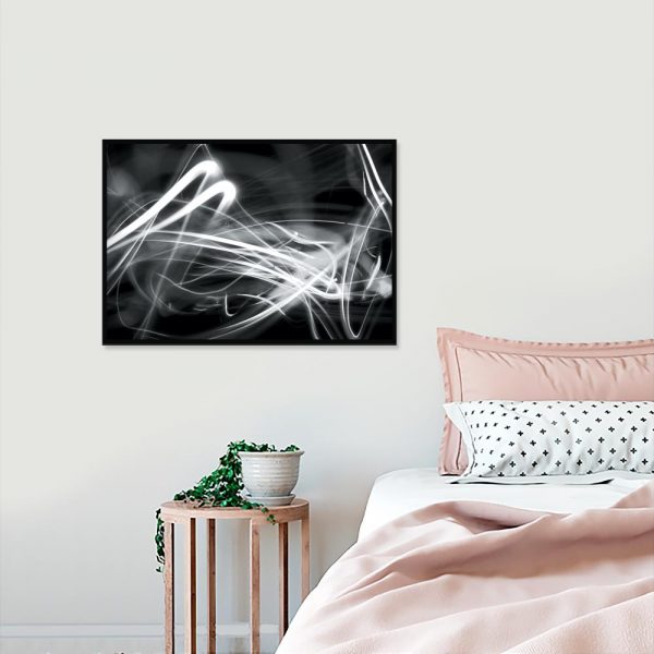 plakat z czarno białą abstrakcją w sypialni