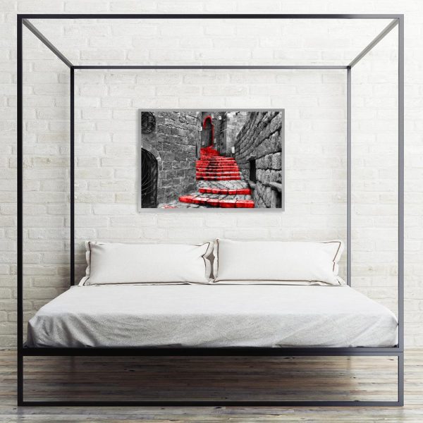 plakat uliczka ze schodkami nad łóżko