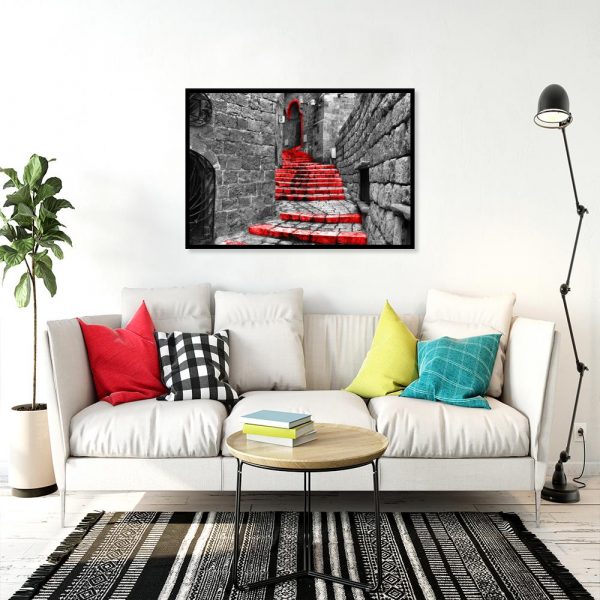 plakat czerwone schody nad kanapę