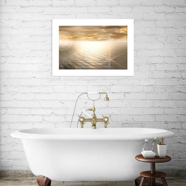 plakat z zachodem słońca nad jeziorem do łazienki