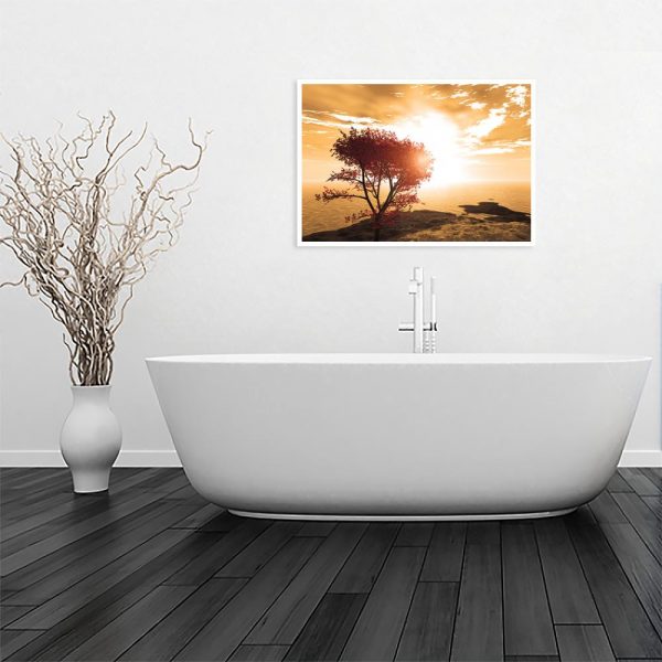 zachód słońca na plakacie w łazience