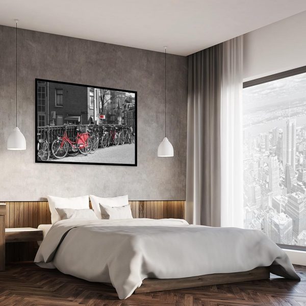plakat z czerwonymi rowerami nad łóżko