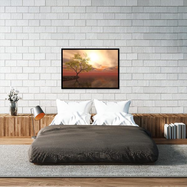 plakat z widokiem na jezioro nad łóżko