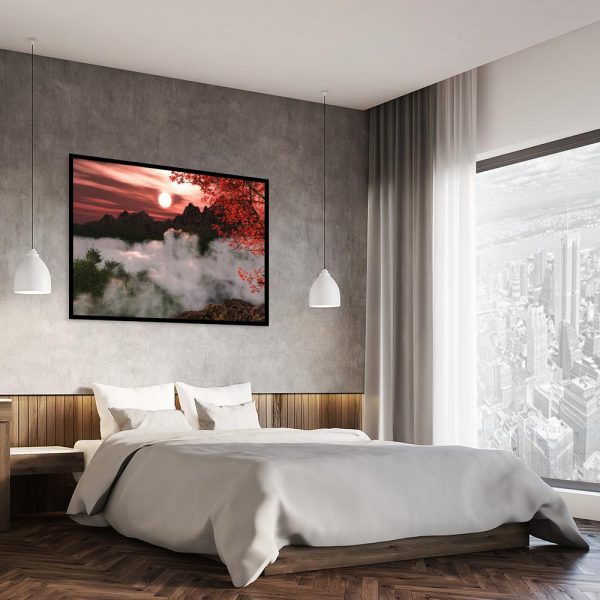 plakat z zachodem słońca na tle gór