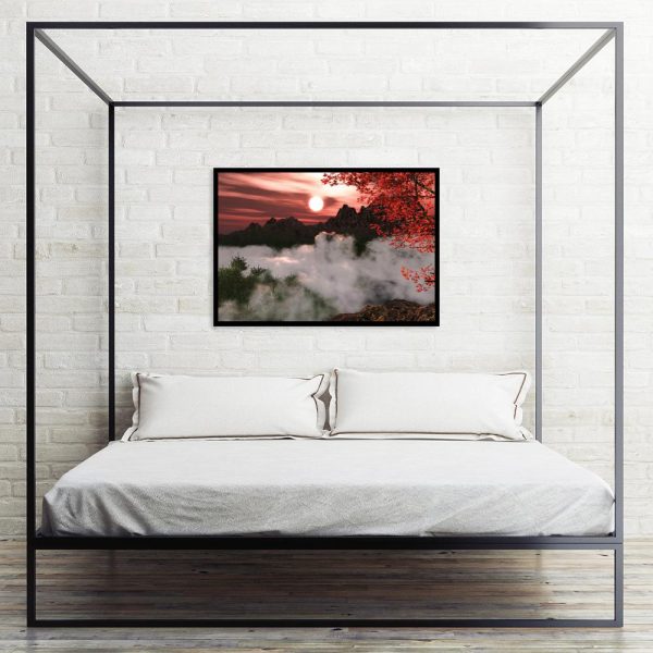 plakat zachodzące słońce, las i góry