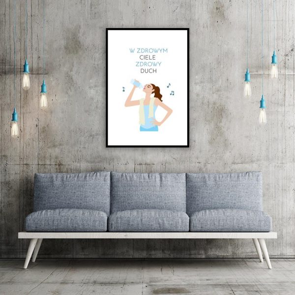 plakat z kobietą pijącą wodę i napisem