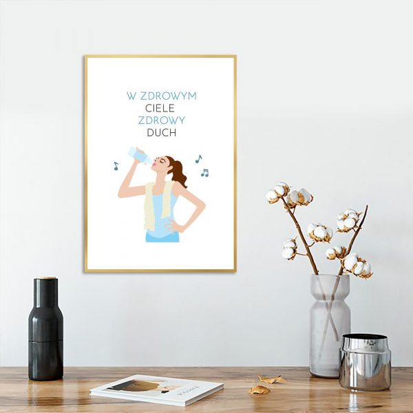 plakat z napisem i kobietą pijącą wodę