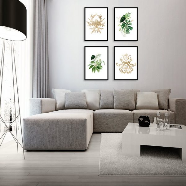 zestaw plakatów z liśćmi do salonu