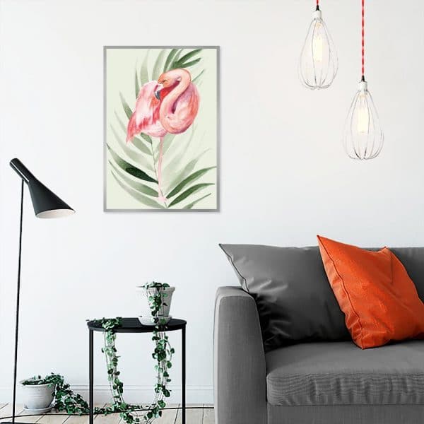plakat z flamingiem i liściem
