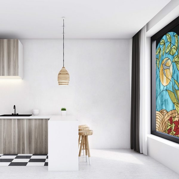 Witraż samoprzylepny z motywem ptaka i krajobrazu