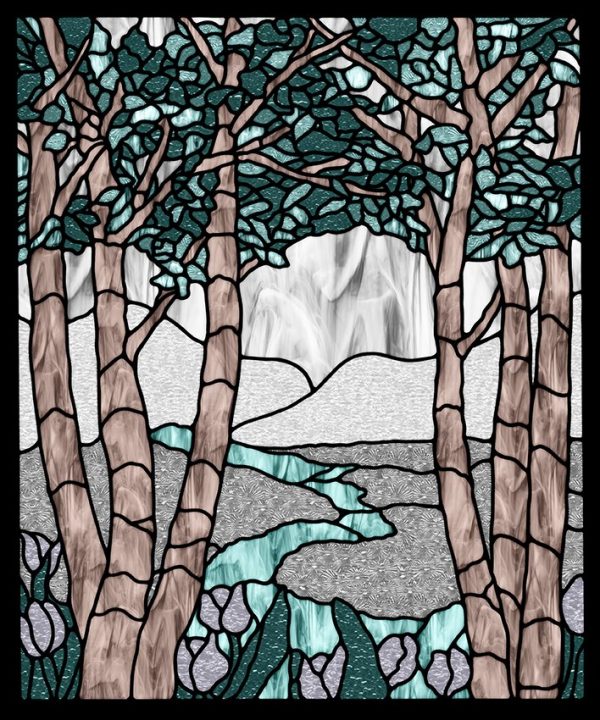 Naklejka witrażowa z motywem drzew i rzeki