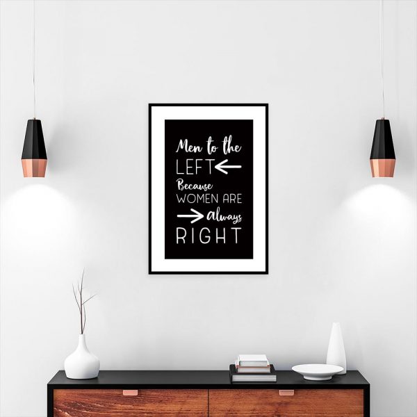 plakat czarno-biały ze strzałkami do łazienek