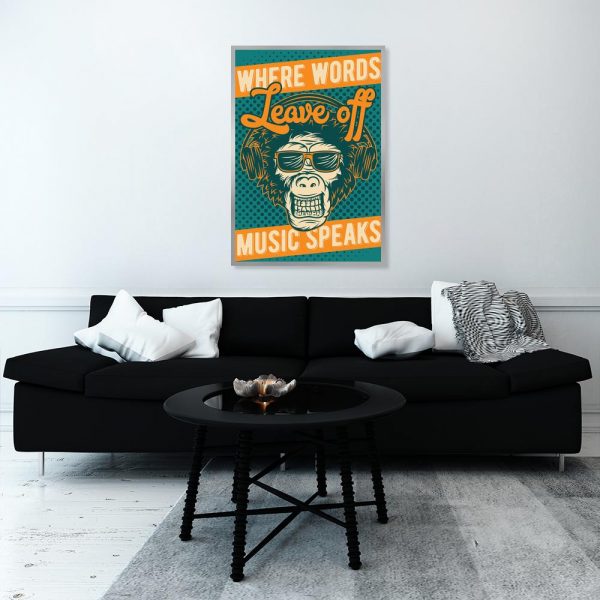 plakat małpa i napis where words leave off