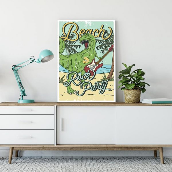 plakat dinozaur z gitarą