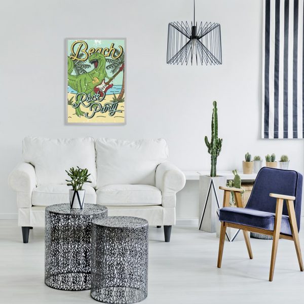 plakat dinozaur z gitarą