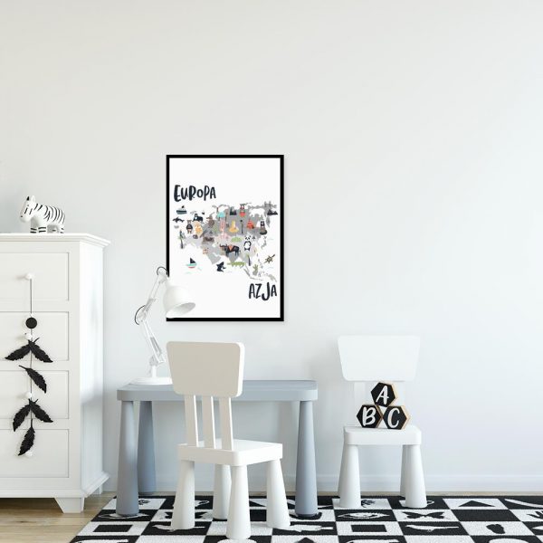 plakat z mapą na ścianie pokoju dziecka