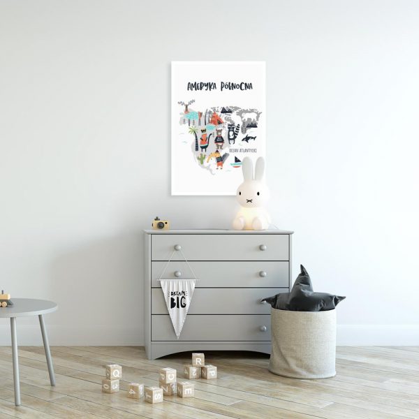 plakat z mapą Ameryki Północnej ze zwierzętami na ścianę pokoju dziecka
