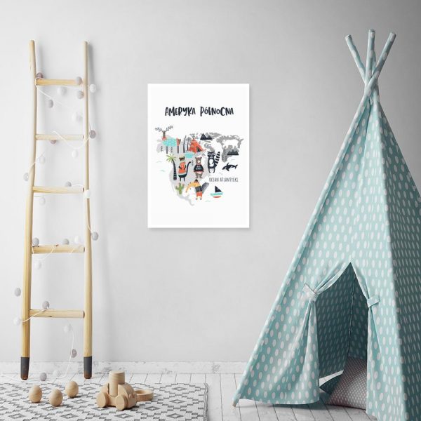 plakat z motywem mapy ze zwierzętami na ścianę pokoju dziecka