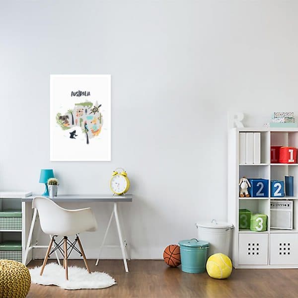 plakat z mapą i zwierzętami na ścianę pokoju dziecka