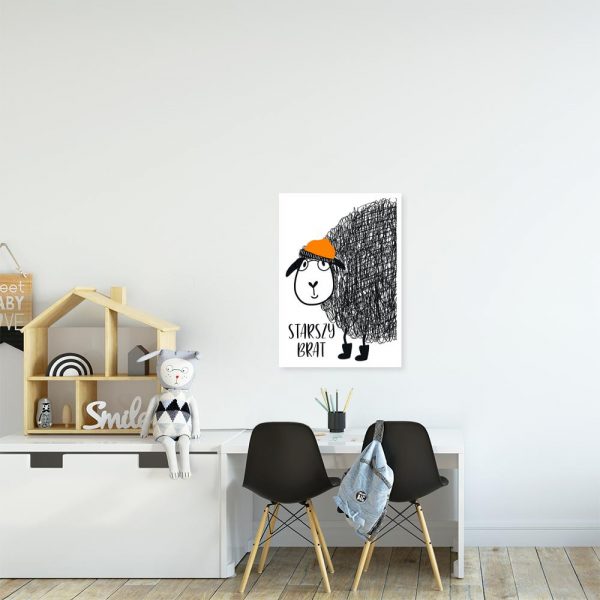 plakat z owcą w pomarańczowej czapce