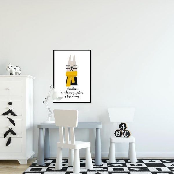 plakat z królikiem w okularach na ścianę pokoju dziecka